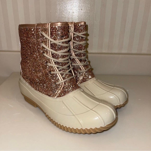 Sugar “Skipper” Rose Gold Glitter Lace Up Rain Snow Duck Boots - Picture 6 of 16